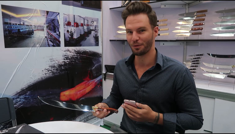 Our Germany client Robert shows the champagne knife for us