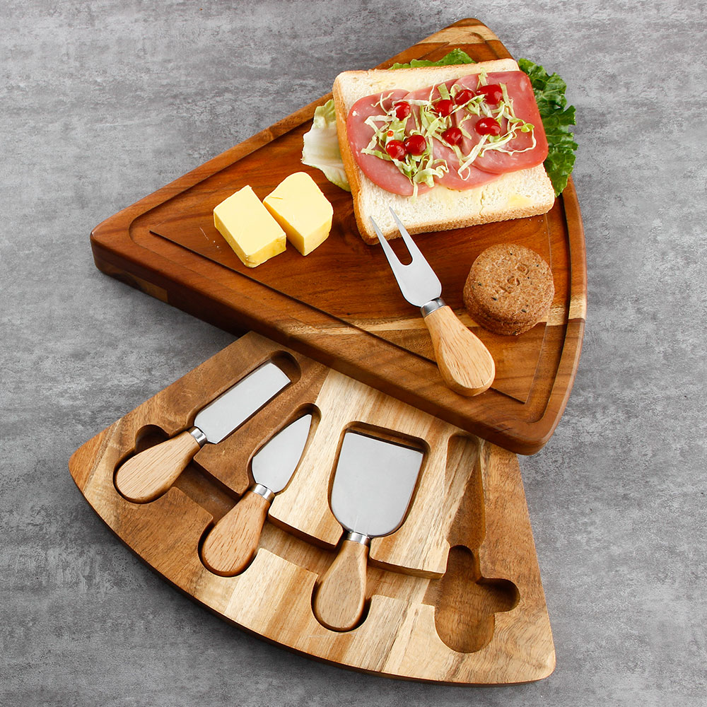 RUITAI acacia wood cheese board knife set Stainless steel triangle shape Removable Tray M708-05TA