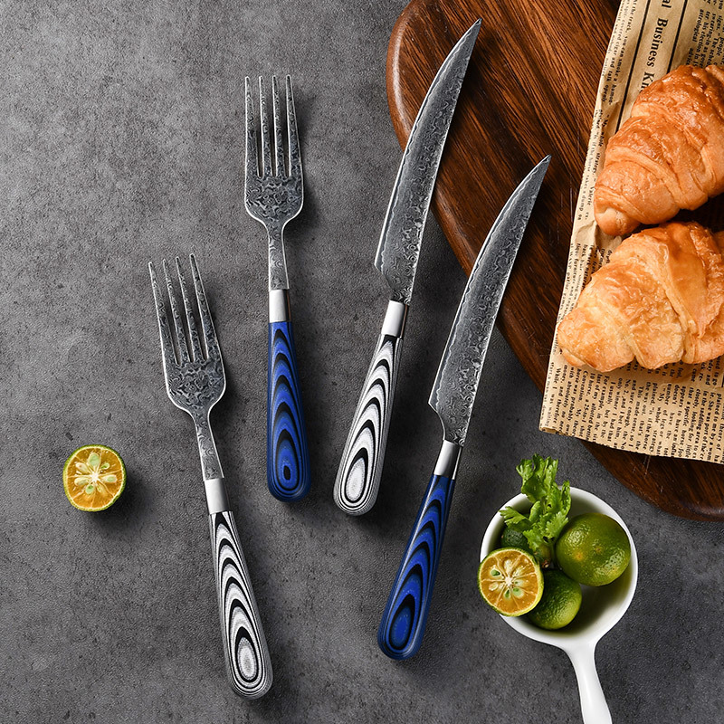 RUITAI Premium Damascus steel Serrated Steak Knife & Fork Set with Ergonomic Handle RN04&RR02-02T-1